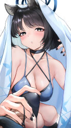 Rule 34 | 1boy, 1girl, absurdres, animal ear fluff, animal ears, bikini, black eyes, black hair, black halo, black nails, blue archive, blue bikini, blue halo, breasts, cat ears, cat girl, cat tail, cleavage, fingernails, halo, handjob, hetero, highres, kikyou (blue archive), kikyou (swimsuit) (blue archive), long fingernails, looking at viewer, medium breasts, murugai, panties, panties on penis, parted lips, short hair, solo focus, swimsuit, tail, underwear