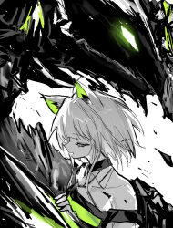 1girl 1other angry animal_ear_fluff animal_ears arknights cat_ears closed_eyes commentary_request dress green_dress green_eyes highres kal&#039;tsit_(arknights) limited_palette match_bou_(match_match03) mon3tr_(arknights) mon3tr_(summon)_(arknights) monster short_hair sidelocks simple_background smile upper_body white_background