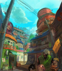 Rule 34 | 006 wa, 1girl, 3boys, black hair, blonde hair, blue sky, building, cloud, facial mark, forehead protector, green vest, grey hair, haruno sakura, hatake kakashi, highres, jacket, konohagakure shinobi uniform, konohagakure symbol, multiple boys, naruto (classic), naruto (series), orange jacket, pink hair, sky, team 7 (naruto), translation request, uchiha sasuke, uzumaki naruto, vest, village, whisker markings