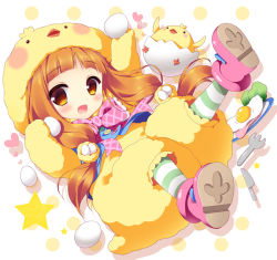 1girl :d animal_costume bird blue_vest blunt_bangs blush boots bow bowtie brown_eyes brown_hair chick chick_costume commentary_request cosplay egg egg_(food) eggshell fang female_focus food fork full_body hair_ornament ham heart holding holding_egg holding_food ichihara_nina idolmaster idolmaster_cinderella_girls kigurumi knife long_hair looking_at_viewer low_twintails nest open_mouth pink_boots pink_bow pink_bowtie plaid_bow plaid_bowtie plaid_clothes plaid_neckwear plate polka_dot polka_dot_background sasai_saji smile solo star_(symbol) striped_clothes striped_thighhighs sunny_side_up_egg tareme thighhighs twintails very_long_hair vest white_background
