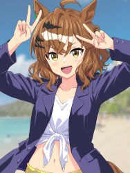 1girl :d ahoge alternate_costume animal_ears blurry blurry_background brown_hair double_v highres horse_ears horse_girl jacket jungle_pocket_(umamusume) long_sleeves looking_at_viewer medium_hair midriff navel notched_ear open_clothes open_jacket open_mouth shirt smile solo tied_shirt umamusume upper_body v yellow_eyes zenbrush2