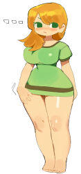 ... 1girl alex_(minecraft) bare_legs barefoot breasts closed_mouth full_body green_eyes green_shirt highres large_breasts looking_at_viewer minecraft no_pants orange_hair shirt simple_background solo standing v-shaped_eyebrows wamudraws white_background