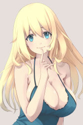 1girl alternate_costume atago_(kancolle) blonde_hair blue_camisole blue_eyes breasts camisole cleavage finger_to_mouth grey_background highres kantai_collection large_breasts long_hair neko_no_hige simple_background solo upper_body