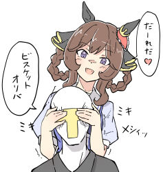 Rule 34 | 1boy, 1girl, absurdres, blush, brown hair, casual, closing eyes, from behind, gentildonna (umamusume), hair between eyes, hair ornament, hair rings, highres, horse girl, looking at viewer, medium hair, nekomimi sukinosuke, purple eyes, school uniform, simple background, tracen school uniform, trainer (umamusume), translation request, umamusume, white background