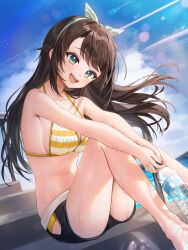 :d absurdres bikini blue_eyes blue_shorts blue_sky bottle brown_hair commentary_request day halterneck highres hip_vent holding holding_bottle hololive knees_up long_hair looking_at_viewer ocean official_alternate_costume official_alternate_hair_length official_alternate_hairstyle oozora_subaru oozora_subaru_(hololive_summer_2019) open_mouth outdoors runlan_0329 short_hair shorts sitting sky smile striped_bikini striped_clothes swept_bangs swimsuit teeth upper_teeth_only virtual_youtuber yellow_bikini