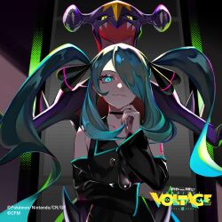 1girl absurdres aqua_hair bare_shoulders blue_eyes breasts closed_mouth company_name copyright_name copyright_notice cosplay creatures_(company) cynthia_(pokemon) cynthia_(pokemon)_(cosplay) detached_sleeves game_freak garchomp gen_4_pokemon hair_ornament hair_over_one_eye hatsune_miku highres lam_(ramdayo) logo long_hair looking_at_viewer necktie nintendo official_art pokemon pokemon_(creature) pokemon_dppt project_voltage shirt sleeveless sleeveless_shirt smile twintails upper_body very_long_hair vocaloid
