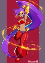 1girl absurdres arm_up armpits bandeau bare_shoulders blue_eyes breasts circlet cleavage dark-skinned_female dark_skin earrings fire genie gold_bracer gold_earrings hand_up harem_pants high_ponytail highres jewelry khaizer large_breasts long_hair midriff navel o-ring o-ring_top open_mouth pants pointy_ears pointy_footwear ponytail purple_hair pyrokinesis red_pants see-through_clothes see-through_pants shantae shantae_(series) smile solo standing standing_on_one_leg very_long_hair