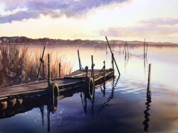grass highres horizon net no_humans original painting_(medium) pier reflection reflective_water scenery shore tall_grass tlctm7h8wdwnthx traditional_media unused_tire water watercolor_(medium)