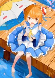 1girl :d absurdres acfun acfun_girl artist_name bare_legs bare_shoulders barefoot blue_sailor_collar blue_skirt blue_sleeves branch bun_cover detached_sleeves dock double_bun falling_petals flower from_above full_body hair_bun highres holding holding_umbrella looking_at_viewer medium_skirt open_mouth orange_eyes orange_hair petals pink_flower sailor_collar shirt short_hair signature sitting skirt sleeveless sleeveless_shirt smile soaking_feet solo umbrella water white_shirt yunshi_tiankeng