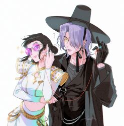 1boy 1girl ? armor black_gloves black_hair blunt_bangs closed_mouth cowboy_shot double_bun earrings gat_(hat) gloves hair_bun hair_over_one_eye hat jewelry juneseo kpop_demon_hunters long_sleeves mystery_(kpop_demon_hunter) purple_hair ring shoulder_armor simple_background smile sparkle string string_of_fate sunglasses white_background yellow_eyes zoey_(kpop_demon_hunters)