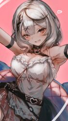 1girl absurdres armpits arms_up belt black_belt black_choker black_hair black_streaks blush braid breasts brown_skirt camisole choker cleavage commentary eyelashes frilled_camisole frills hair_between_eyes hair_ornament heart heart_necklace highres hololive jewelry large_breasts looking_at_viewer medium_hair multicolored_hair necklace open_mouth pink_background pink_eyes ribbon_between_breasts sakamata_chloe sakamata_chloe_(1st_costume) skirt smile soleil_(soleilmtfbwy03) solo teeth tongue two-tone_hair upper_body virtual_youtuber white_camisole white_hair x_hair_ornament