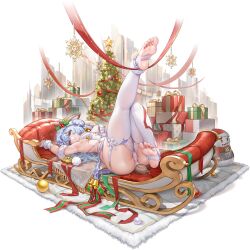 1girl arm_behind_head armpits artist_request bare_arms bare_shoulders barefoot box breasts character_request christmas christmas_lights christmas_ornaments christmas_tree crosscore decorating_christmas_tree feet garter_straps gift gift_box highres looking_at_viewer medium_hair panties purple_hair red_eyes sideboob soles stirrup_legwear thighhighs thighs toeless_legwear underwear white_hair white_panties white_thighhighs