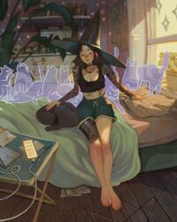 Rule 34 | 1girl, arm tattoo, artist logo, barefoot, bat tattoo, bed, bedroom, black cat, black shirt, book, breasts, bulletin board, cat, cellphone, chest of drawers, cleavage, closed eyes, commentary, computer, crop top, day, earrings, english commentary, ghost, green shorts, hat, highres, indoors, jar, jewelry, laptop, leg tattoo, logo, on bed, original, petting, phone, plant, poster (object), potted plant, runes, shelf, shirt, shorts, simz, sitting, skull, slice of life, smartphone, solo, tattoo, tattoo sleeve, window, witch hat, wooden floor
