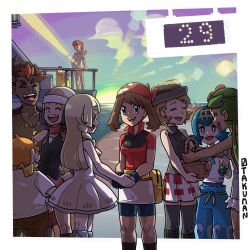 Rule 34 | 2boys, 6+girls, :d, ^ ^, absurdres, aria (pokemon anime), artist name, bandana, bare arms, basket, black boots, black shirt, black socks, blonde hair, blue eyes, blue hair, blue pants, blue shorts, blunt bangs, boots, braid, brown hair, closed eyes, collarbone, dark-skinned female, dark skin, dawn (pokemon), dress, earrings, eye contact, gen 1 pokemon, green hair, grey hat, grey shirt, grey sweater, grey thighhighs, hat, highres, holding hands, jewelry, kiawe (pokemon), knee boots, kneehighs, lana (pokemon), long hair, looking at another, low twintails, mallow (pokemon), may (pokemon), miniskirt, multicolored hair, multiple boys, multiple girls, nintendo, open mouth, orange hair, otakuman, pants, pendant, pink hair, pink scarf, pink skirt, plaid clothes, plaid skirt, poke ball print, pokemon, pokemon (anime), pokemon (creature), pokemon dppt (anime), pokemon rse (anime), pokemon sm (anime), pokemon xy (anime), ponytail, print hat, psyduck, red bandana, ribbed sweater, scarf, serena (pokemon), shirt, short dress, short hair, shorts, shorts under skirt, skirt, sleeveless, sleeveless dress, sleeveless shirt, sleeveless sweater, sleeveless turtleneck sweater, smile, socks, sophocles (pokemon), standing, sunrise, sweater, thighhighs, topless male, turtleneck, turtleneck sweater, twintails, two-tone hair, white dress, white hat, white shirt, white skirt, zettai ryouiki