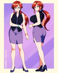 1girl artist_name ass bare_shoulders bracelet breasts cleavage female_focus high_heels jewelry kaos_art large_breasts long_hair looking_at_viewer looking_back lorelei_(pokemon) multiple_views nintendo patreon_username pencil_skirt pokemon pokemon_frlg ponytail purple_eyes purple_footwear red_hair skirt standing