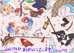 Rule 34 | absurdly long hair, anger vein, bird wings, black hat, black wings, blonde hair, blue cape, blue ribbon, boots, bow, brown boots, brown hair, brown hat, cape, commentary request, commission, crystal, cup, curly hair, earrings, eye print, feathered wings, flandre scarlet, frilled bow, frilled hat, frills, gohei, grin, hakurei reimu, hat, hat ribbon, horizontal pupils, horn ornament, horn ribbon, horns, hoshiguma yuugi, jewelry, kimi3735, kirisame marisa, kurodani yamame, lamp, long hair, matara okina, mob cap, pointy ears, rectangular pupils, red bow, red eyes, red horns, red ribbon, reiuji utsuho, ribbon, ribbon-trimmed sleeves, ribbon trim, rope, sakazuki, sharp teeth, sheep horns, shimenawa, shoe soles, skeb commission, smile, teeth, touhou, toutetsu yuuma, translation request, very long hair, white hair, white hat, white sleeves, wide sleeves, wings, witch hat, yasaka kanako
