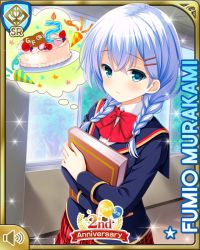 Rule 34 | 1girl, :o, aqua eyes, black socks, blazer, book, braid, cake, card (medium), day, daydreaming, food, front braid, girlfriend (kari), hair ornament, hair over shoulder, hairclip, hallway, holding, holding book, indoors, jacket, kneehighs, long hair, long sleeves, looking at viewer, murakami fumio, official art, plaid clothes, plaid skirt, pleated skirt, qp:flapper, school, shoes, skirt, socks, solo, tagme, twin braids