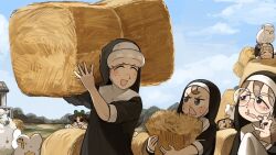 &gt;_&lt; 5girls :d bird brown_eyes brown_hair chicken clumsy_nun_(diva) commentary diva_(hyxpk) dog duck english_commentary farm freckles frog_headband froggy_nun_(diva) glasses glasses_nun_(diva) grey_hair habit hay hedgehog highres little_nuns_(diva) multiple_girls nun open_mouth owl red_star round_eyewear runny_nose sheep sheep_nun_(diva) slice_of_life smile snot spicy_nun_(diva) star_(symbol) star_ornament traditional_nun triangle_mouth