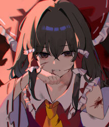 Rule 34 | 1girl, absurdres, ascot, blood, bow, brown eyes, brown hair, collared shirt, commentary, frilled bow, frilled hair tubes, frilled shirt collar, frills, hair between eyes, hair bow, hair tubes, hakurei reimu, highres, injury, kani nyan, long hair, looking at viewer, red bow, red shirt, ribbon-trimmed collar, ribbon-trimmed sleeves, ribbon trim, shirt, sleeveless, sleeveless shirt, solo, touhou, upper body, yellow ascot