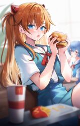 2girls :o absurdres ayanami_rei blue_eyes blue_hair blurry blush burger cup depth_of_field disposable_cup drinking_straw eating food food_on_face french_fries hairpods highres holding holding_burger holding_food looking_at_viewer maru_ccy mcdonald&#039;s multiple_girls neck_ribbon neon_genesis_evangelion orange_hair red_eyes ribbon school_uniform serafuku solo_focus souryuu_asuka_langley