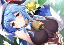 Rule 34 | 1girl, arm up, armpits, azuma yuki, blue hair, bodysuit, breasts, brown bodysuit, closed mouth, commentary request, flower, food, ganyu (genshin impact), genshin impact, hair between eyes, hand up, holding, holding food, horns, looking at viewer, lying, medium breasts, on back, on grass, purple eyes, signature, smile, solo, watermark, white flower