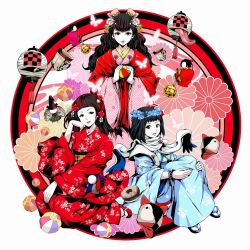 3girls bell black_hair blue_kimono commentary_request creature doll flower flower_wreath japanese_clothes kimono lantern long_hair looking_at_viewer multiple_girls original paper_lantern red_eyes red_kimono sandals short_hair smile tabi yamada_satoshi zashiki-warashi zouri