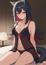 1girl animal_ears arknights babydoll black_babydoll black_hair black_panties blush breasts cleavage closed_mouth colored_inner_hair commentary english_commentary highres indoors lamp lingerie long_hair looking_at_viewer medium_breasts multicolored_hair navel on_bed orange_eyes panties red_hair ren_vogelweid sitting solo stomach sweatdrop texas_(arknights) thighs two-tone_hair underwear wolf_ears wolf_girl