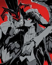 Rule 34 | 2boys, arsene (persona 5), black hair, black jacket, closed mouth, curly hair, fingernails, gloves, highres, jacket, joker (persona 5), long fingernails, looking at viewer, male focus, multiple boys, partially colored, persona, persona 5, red background, red eyes, shirt, short hair, smile, white gloves, white shirt, yosikawayuzu