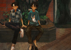 2boys 2ru4shi absurdres aqua_shirt black_eyes black_hair black_pants black_shoes brick brick_floor brick_wall brown_shoes cigarette collared_shirt cup_ramen hair_between_eyes highres male_focus multiple_boys original outdoors pants pants_rolled_up patterned_clothing plant shirt shoes short_hair sitting sitting_on_object slippers sneakers tree