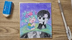 Rule 34 | 4boys, antenna hair, basil (faraway) (omori), basil (headspace) (omori), basil (omori), black eyes, black hair, black socks, black tank top, blue overalls, blush, chibi, chibi only, closed eyes, closed mouth, colored skin, flower, green hair, green shirt, hair flower, hair ornament, head wreath, highres, kneehighs, knees up, male focus, multiple boys, okudo61 omori, omori, omori (omori), open mouth, overall shorts, overalls, photo (medium), seiza, shirt, short sleeves, shorts, sitting, smile, socks, spoilers, striped clothes, striped shorts, sunny (omori), t-shirt, tank top, traditional media, vertical-striped clothes, vertical-striped shorts, white shorts, white skin