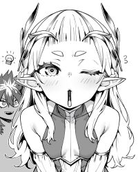 2girls anastasia_empirial bare_shoulders breasts chocolate collarbone commentary_request detached_sleeves dragon_king_naga elf food food_in_mouth greyscale hair_between_eyes hair_ornament highres holding holding_food incoming_pocky_kiss light_blush light_bulb long_hair looking_at_viewer monochrome mouth_hold multiple_girls official_art one_eye_closed open_mouth otosama pocky pocky_in_mouth pointy_ears senki_survival_saga_-_isekai_no_unmei_wo_kaketa_mujintou_fujun_iseikouyuu sharp_teeth simple_background sketch small_breasts teeth valentine very_long_hair