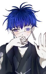 1boy blue_eyes blue_hair blush eyepatch highres matching_hair/eyes omokage_yugamu one_eye_covered simple_background solo sweat sweatdrop the_hundred_line_-last_defense_academy- white_background