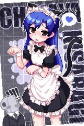 ! !! 1boy 1girl alternate_costume animal_ears apron black_dress blue_hair blush brown_eyes cat_ears cat_tail commentary cowboy_shot detached_collar dress enmaided fake_animal_ears fake_tail flat_chest heart hotshosho idolmaster idolmaster_(classic) kisaragi_chihaya long_hair looking_at_viewer maid maid_apron maid_headdress open_mouth p-head_producer paw_pose pixel_art producer_(idolmaster) puffy_short_sleeves puffy_sleeves short_sleeves spoken_heart standing symbol-only_commentary tail white_apron white_wrist_cuffs wrist_cuffs