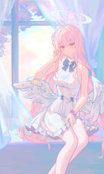 1girl absurdres adjusting_hair angel_wings blue_archive blue_ribbon breasts closed_mouth commentary curtains dress feathered_wings feet_out_of_frame halo hand_up highres indoors long_hair looking_at_viewer medium_breasts mika_(blue_archive) neck_ribbon pink_hair pink_halo prelude ribbon sitting sleeveless sleeveless_dress solo white_dress window wings yellow_eyes
