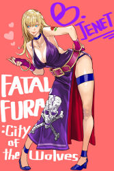 Rule 34 | 1girl, b. jenet, bare shoulders, bent over, blonde hair, blowing kiss, blue eyes, breasts, character name, cleavage, collarbone, copyright name, dress, fatal fury, fatal fury: city of the wolves, fingerless gloves, flower, flower tattoo, full body, gloves, hand on own hip, heart, highres, laio, large breasts, leaning forward, long hair, pink lips, puckered lips, purple dress, purple gloves, red background, red flower, red rose, rose, simple background, smile, snk, solo, tattoo, the king of fighters