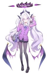 1girl ahoge ako_(blue_archive) black_halo blue_archive breasts chinatsu_(blue_archive) demon_girl demon_horns demon_wings full_body glasses halo highres hina_(blue_archive) horns iori_(blue_archive) long_hair looking_at_viewer pantyhose prefect_team_(blue_archive) purple_eyes small_breasts solo standing white_hair wings youguo_naberu