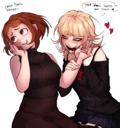 2girls artist_name bare_shoulders black_skirt black_sweater black_thighhighs blonde_hair blood blood_from_mouth blood_on_arm blunt_bangs blush boku_no_hero_academia bow breasts brown_eyes brown_hair brown_skirt collarbone commentary english_commentary english_text fingernails garter_straps hair_between_eyes hand_on_own_face hands_up heart high-waist_skirt highres holding_another&#039;s_wrist holding_hands long_sleeves looking_afar looking_at_another medium_breasts multiple_girls off-shoulder_sweater off_shoulder open_mouth pleated_skirt pointy_ears puffy_long_sleeves puffy_sleeves red_bow short_hair sillybillyken simple_background sitting skirt sleeveless sleeveless_sweater smile speech_bubble sweater teeth thighhighs toga_himiko turtleneck turtleneck_sweater uraraka_ochaco watermark white_background yellow_eyes yuri