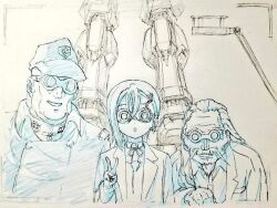 1girl 2boys aisamu_4444293 bask_om blue_theme closed_mouth collared_shirt commentary_request company_connection crossed_bangs doctor_j dress expressionless facial_hair facing_viewer goggles grin gundam gundam_wing hair_between_eyes hat lab_coat long_hair love_live! love_live!_superstar!! mecha monochrome multiple_boys mustache neck_ribbon old old_man pinafore_dress ribbon robot school_uniform shirt short_hair sleeveless sleeveless_dress smile sunrise_(company) trait_connection v wakana_shiki yuigaoka_school_uniform zeta_gundam