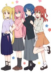 4girls :d absurdres ahoge black_shirt black_shoes black_socks blonde_hair blue_choker blue_eyes blue_hair blue_skirt bocchi_the_rock! brown_shoes choker closed_mouth collared_shirt commentary_request gotoh_hitori green_eyes grey_shirt grey_skirt hair_between_eyes highres ijichi_nijika jacket kessoku_band kita_ikuyo loafers long_hair long_sleeves mary_janes mimori_(mimori_05) multiple_girls one_side_up open_mouth orange_skirt pink_hair pink_jacket pleated_skirt purple_shirt red_eyes red_hair shirt shoes short_hair short_sleeves skirt smile socks star_(symbol) t-shirt track_jacket white_socks yamada_ryo yellow_eyes