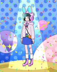 Rule 34 | 1girl, arms at sides, bandaid, bandaid on leg, black hair, blue skirt, food-themed bag, fujishima moyu, full body, helmet, highres, hood, hooded jacket, jacket, long sleeves, neckerchief, original, pink jacket, planet, pleated skirt, polka dot, polka dot background, red neckerchief, roller skates, school uniform, shirt, short hair, skates, skirt, socks, solo, space helmet, spotlight, standing, white shirt, white socks