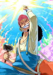 Rule 34 | 1boy, arm up, blue overalls, closed eyes, commentary, commentary request, curly hair, english commentary, facial hair, goatee, hammer, hat, headphones, highres, holding, holding hammer, holding weapon, index finger raised, long hair, long nose, long sleeves, male focus, mixed-language commentary, oda eiichirou, official alternate costume, official art, one piece, open mouth, overalls, smile, solo, teeth, usopp, weapon