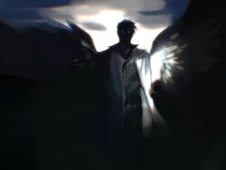1boy belt black_shirt black_wings coat collared_shirt fading feathered_wings full_body glowing glowing_eyes highres limited_palette looking_at_viewer macaronijail male_focus omniscient_reader&#039;s_viewpoint shaded_face shadow shirt solo spotlight white_coat wings