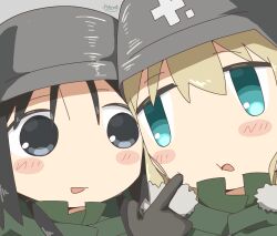 2girls aqua_eyes black_eyes black_hair blonde_hair blush cheek_poking chito_(shoujo_shuumatsu_ryokou) grey_helmet helmet multiple_girls open_mouth poking shoujo_shuumatsu_ryokou yakisakana_(yakisaka_na) yuuri_(shoujo_shuumatsu_ryokou)