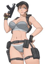 Rule 34 | 1girl, black gloves, blue eyes, blue hat, bra, breasts, brown hair, fingerless gloves, gloves, grey bra, grey panties, gun, hat, headset, highres, holding, holding gun, holding weapon, jill valentine, low ponytail, navel, panties, ponytail, resident evil, resident evil 5, shigenobu, skorpion vz. 61, submachine gun, underwear, weapon