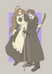 1boy 1girl apron black_bow black_bowtie black_coat black_dress black_necktie black_pants black_shoes black_vest blue_eyes border bow bowtie brown_eyes brown_hair coat collared_shirt dress full_body glasses gregor_(project_moon) grey_border heart juliet_sleeves limbus_company long_hair long_sleeves looking_at_another low_ponytail maid_apron maid_headdress necktie ntcke pants ponytail project_moon puffy_sleeves purple_background rodion_(project_moon) shirt shoes simple_background standing vest white_apron white_shirt wuthering_heights_(identity)_(project_moon)