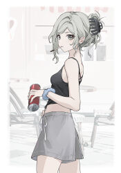 1girl absurdres bare_shoulders black_camisole blue_scrunchie border breasts camisole can chair cigarette cowboy_shot drink_can fading_border from_side grey_eyes grey_hair grey_shorts hair_bun highres holding holding_can holding_cigarette looking_at_viewer midriff mouth_hold outside_border reverse:1999 round_table scar scar_on_back scrunchie short_hair shorts small_breasts solo spaghetti_strap table vertin_(reverse:1999) wrist_scrunchie yukiri_(l_ii)