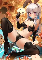 3girls absurdres animal_ears arm_support ass bare_shoulders black_footwear black_gloves black_legwear black_panties bow bowtie bra breasts card cleavage closed_mouth colored_inner_hair crop_top detached_collar dutch_angle elbow_gloves fake_animal_ears frown gloves greentanuki hairband high_heels highres holding huge_filesize knee_up large_breasts latex latex_gloves long_hair looking_at_viewer midriff multicolored_hair multiple_girls navel no_bra original panties pink_eyes playing_card poker_chip poker_table rabbit_ears revealing_clothes satin satin_bra satin_panties shiny_clothes silver_hair sitting skindentation sleeveless solo_focus spaghetti_strap spread_legs stomach table tearing_up thighhighs thighs underwear wavy_mouth wrist_cuffs