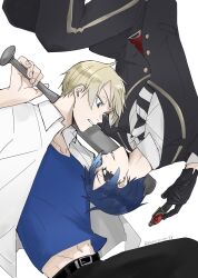 2boys absurdres age_comparison alternate_hair_color baseball_bat belt blazer bleached_hair blonde_hair blue_hair blue_shirt collared_shirt commentary_request cowboy_shot delinquent deuce_spade dual_persona eye_contact facial_mark feet_out_of_frame furrowed_brow gloves gold_trim highres holding holding_baseball_bat holding_pen jacket lapels leather leather_gloves looking_at_another male_focus metal_baseball_bat midriff_peek multiple_boys night_raven_college_uniform notched_lapels open_clothes open_shirt parted_bangs partially_unbuttoned pen rotational_symmetry scowl shirt short_hair simple_background spade_(shape) spade_facial_mark twisted_wonderland twitter_username two-sided_fabric v-shaped_eyebrows vest waistcoat white_background youyouyouyou88