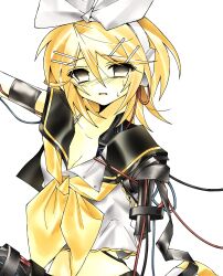 1girl 2000s_(style) absurdres blonde_hair bow cable crop_top faux_retro_artstyle hair_bow hair_ornament hairclip headphones highres hynn0x_x kagamine_rin pale_skin parallel_hairclips shirt sweat vocaloid white_background