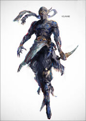 1boy armor claws final_fantasy final_fantasy_vi full_body k-suwabe knife looking_at_viewer mask mouth_mask ninja ninja_mask reverse_grip shadow_(ff6) shawl shoulder_armor solo